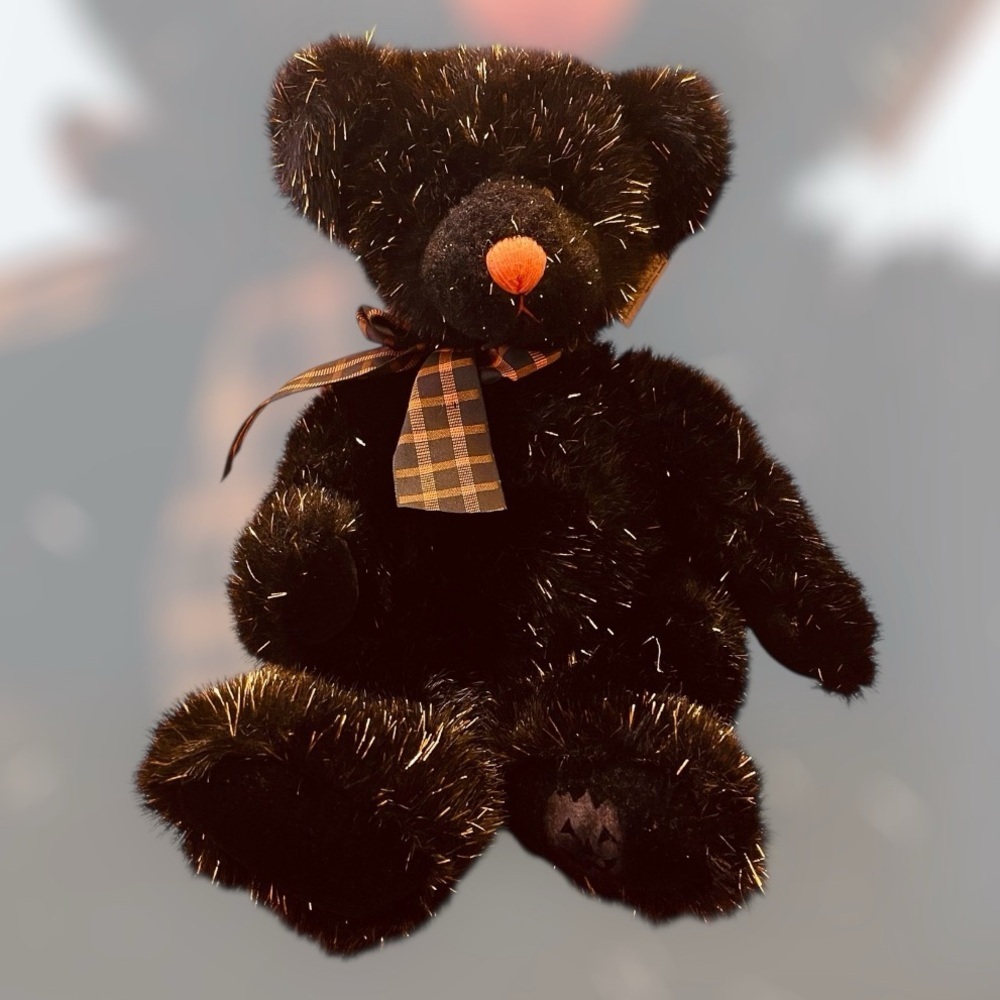 Vtg Russ Berrie & Co Sparky Halloween Black Gold Metallic Teddy Bear Plush 9"H